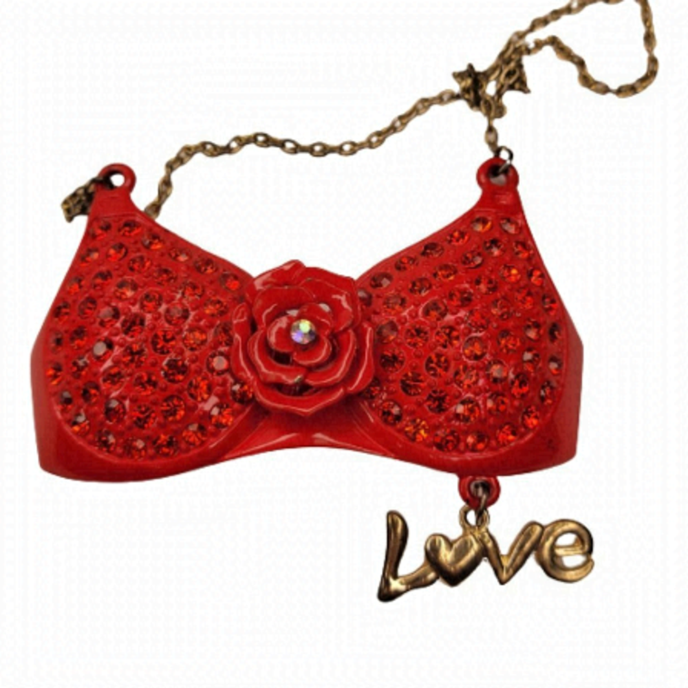 RED Bra Pendant Necklace, Rhinestones Pendant Long Necklace